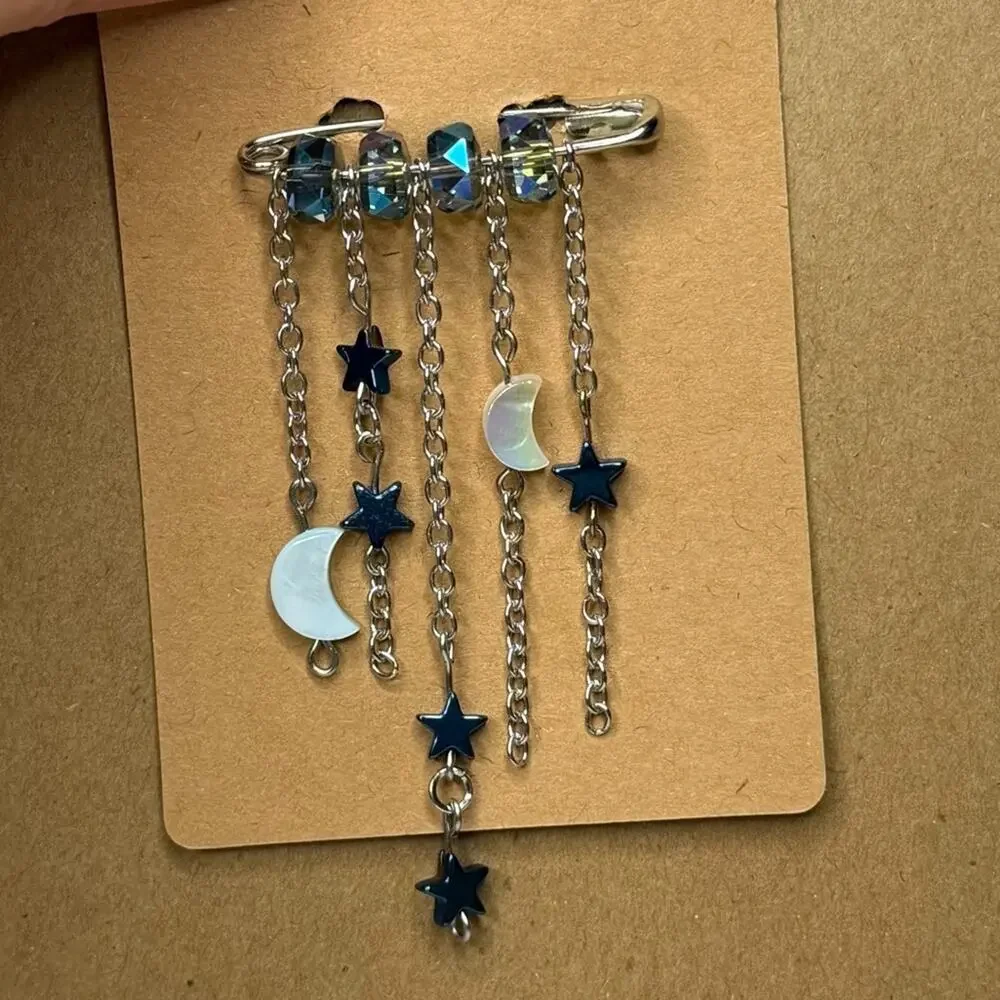 Moon and star brooch hematite and mother of pearl safety pin